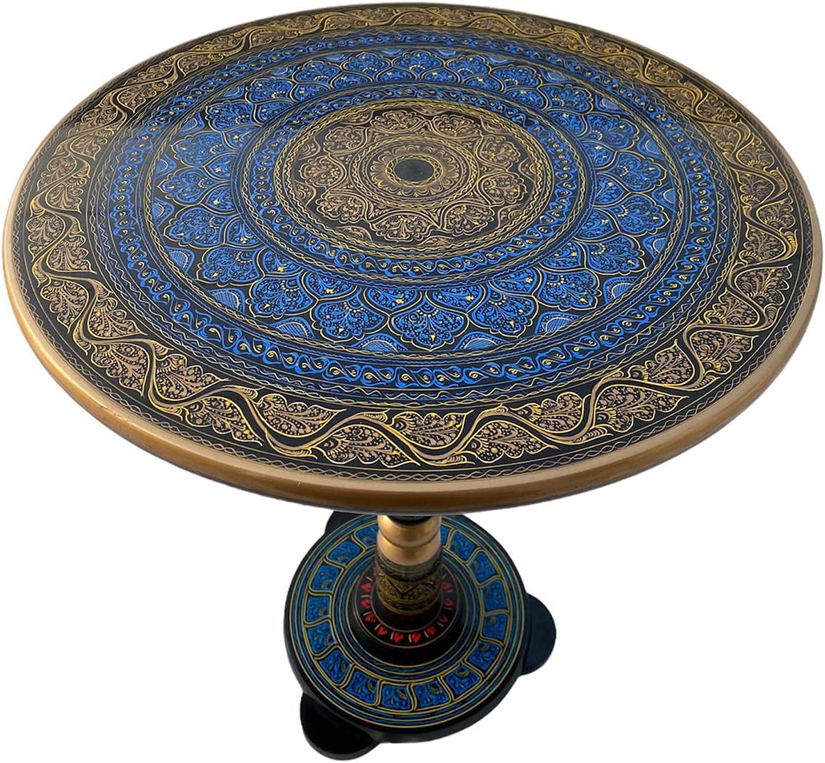 Blue and Golden Lacquer Art Table - 18 inch I Handcrafted Round Table for Living Room or End Table for Bedroom Beautiful Gift for Home Invitations I Nakshi Art I  (Aqua Gold)