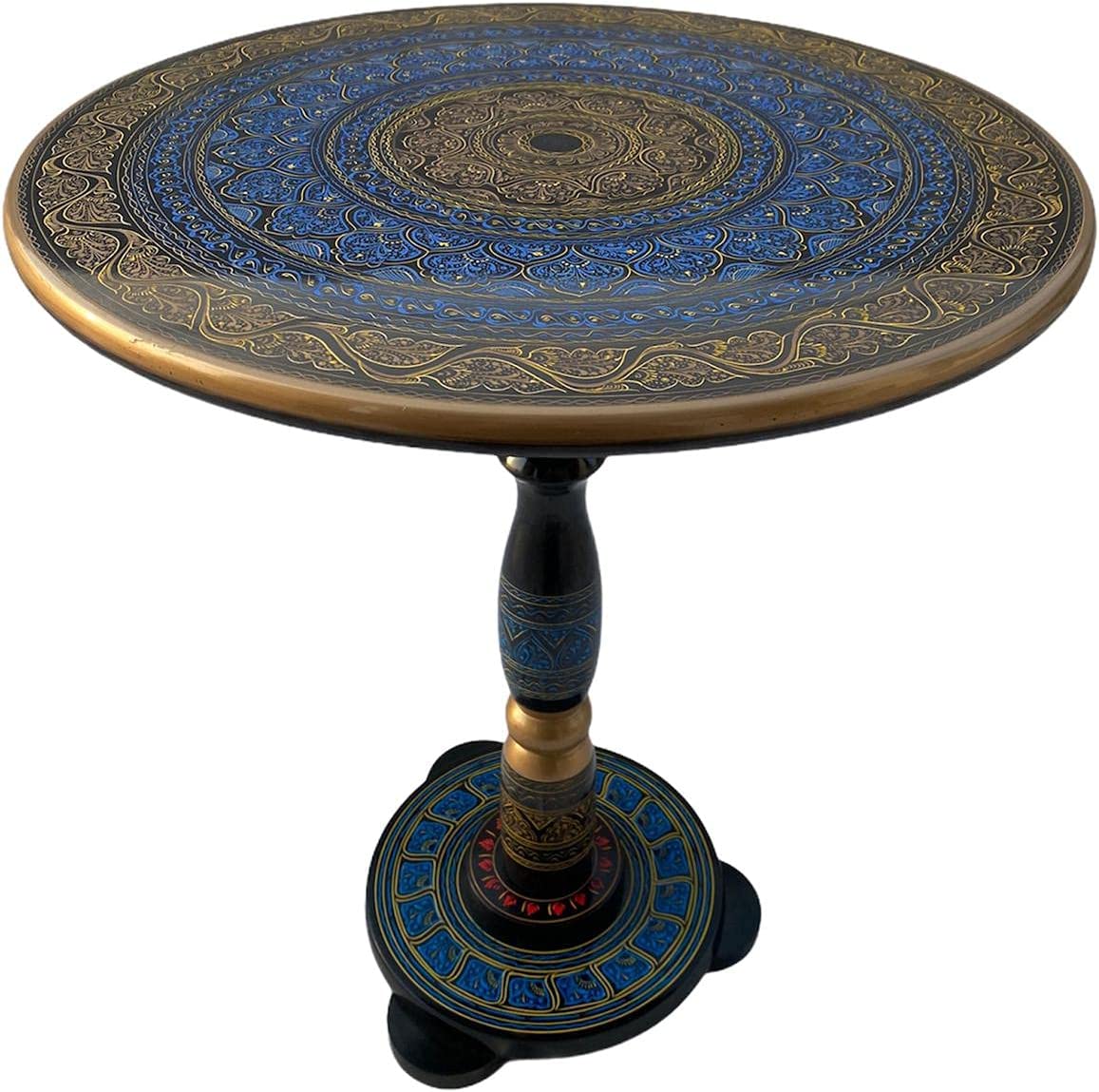 Blue and Golden Lacquer Art Table - 18 inch I Handcrafted Round Table for Living Room or End Table for Bedroom Beautiful Gift for Home Invitations I Nakshi Art I  (Aqua Gold)