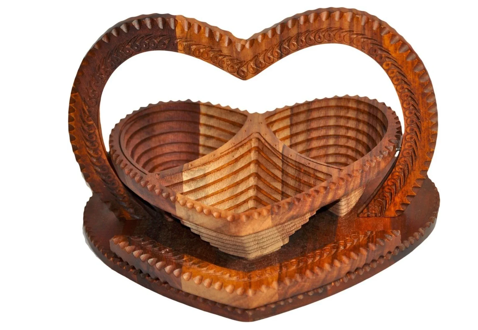 Heart - 3 Compartment - 12 inch Basket I Folding Wooden Basket I Collapsible Adjustable Basket I Decorative Rosewood color I Gift for Mom Wedding Gift Christmas