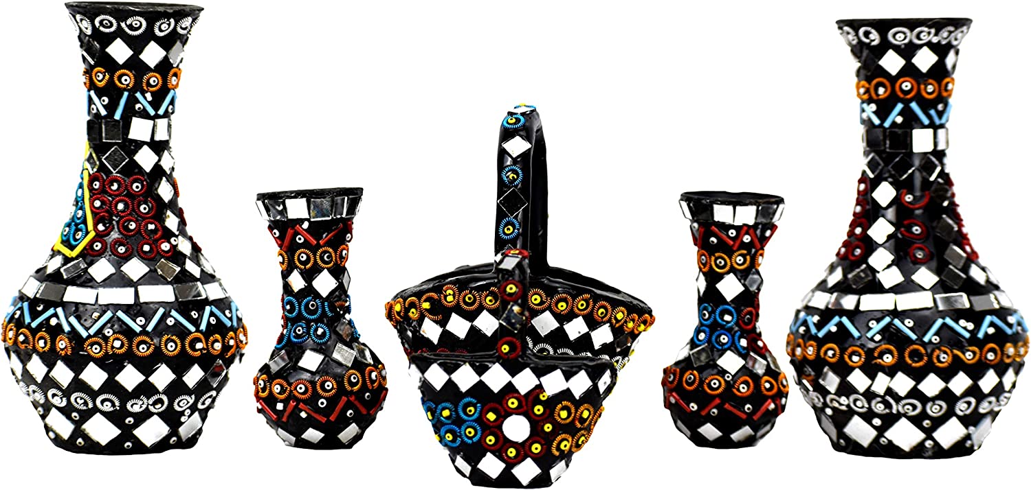 Vase with Basket Decorative Piece For Table Top Shisha Moti Craft Mirror Work [5 inches]