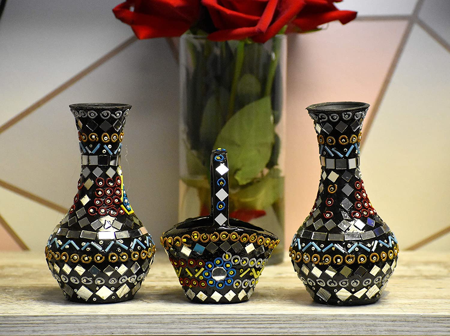 Vase with Basket Decorative Piece For Table Top Shisha Moti Craft Mirror Work [4 inches]