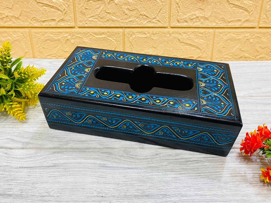 Laquer art Tissue Box - Blue I Lauqer art Craft Decorative Accent I handpainted handcrafted I Sheesham Wood ( RoseWood) I Pakistani Artisan Design