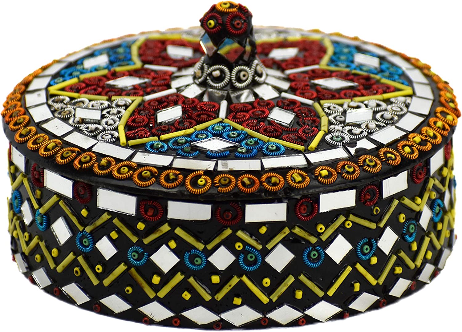 Decorative Bowl with Lid Shisha Moti Beads and Mirror Work Decorated with Mirror Mosaics and All Sorts of Interesting Beads [4 inch]