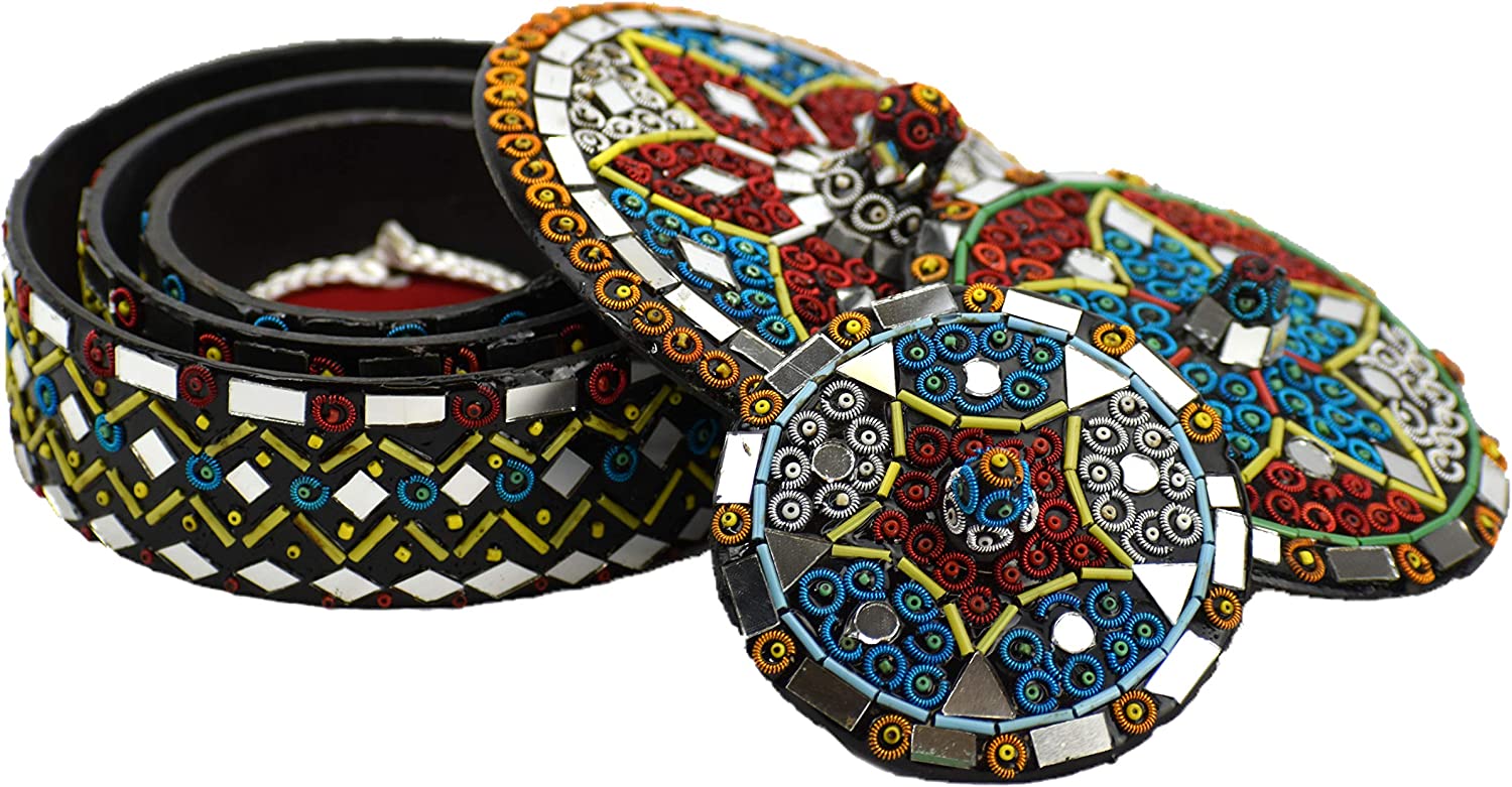 Decorative Bowl with Lid Shisha Moti Beads and Mirror Work [5 inches]