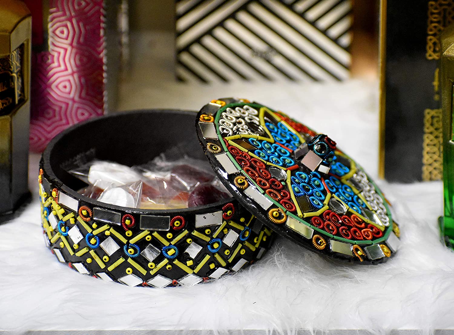 Decorative Bowl with Lid Shisha Moti Beads and Mirror Work Decorated with Mirror Mosaics [6 inches]
