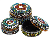Shisha Moti Craft Decorative Accent Matka Set Bowl with Lid Beads and Mirror Work Decorated with Mirror Mosaics and All Sorts of Interesting Beads Pakistani Artisan Design. (3 Piece Box)