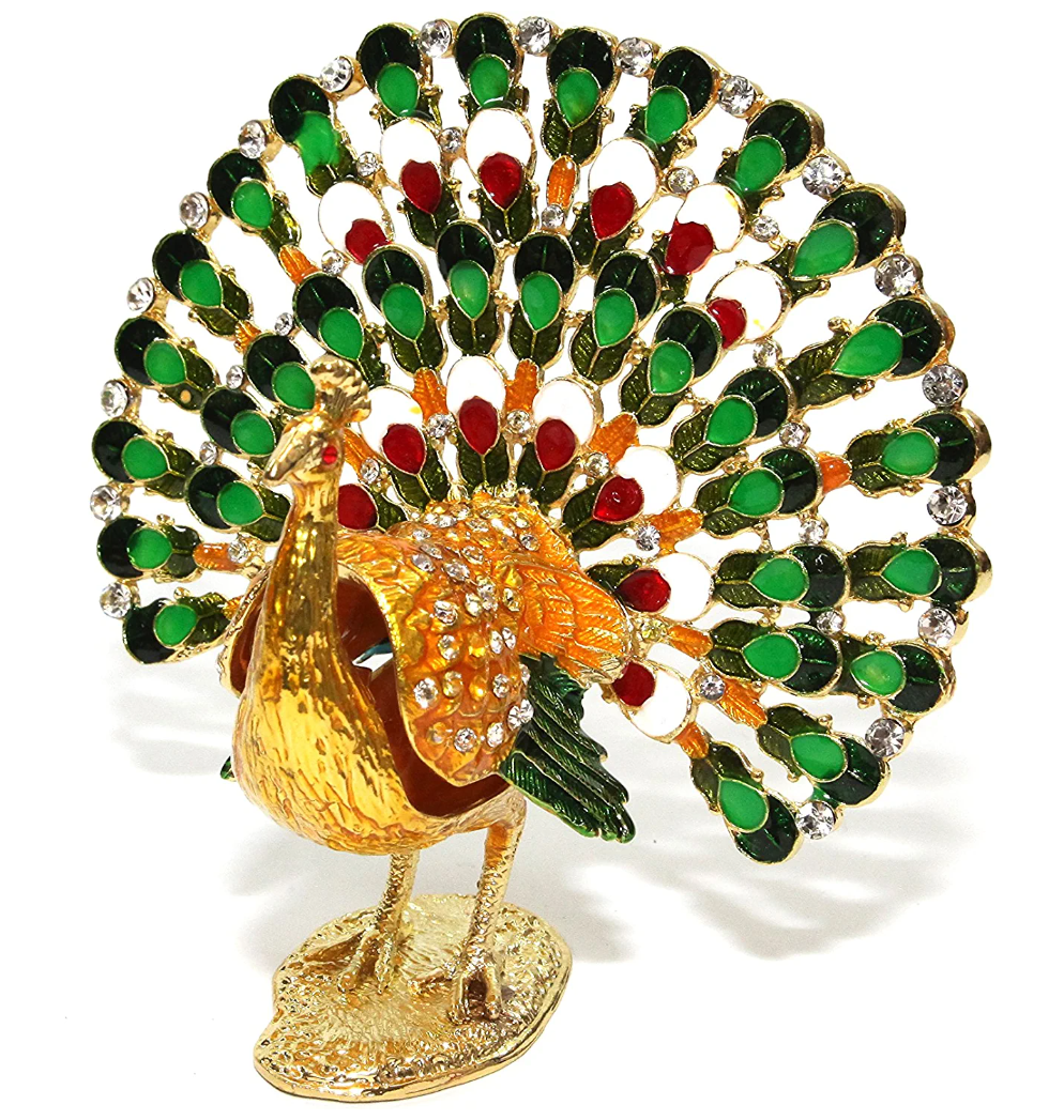 Decorative Peacock Trinket Box with open feathers I Decoration Piece I Pakistani Artisan Design I Decoration Piece Accent I Metal Stone Decor