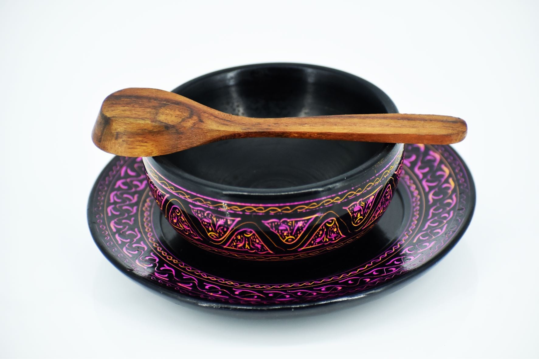 Lacquer Art Soup Bowl with Spoon and Plate I Lacquer art Craft Decorative Accent I handpainted handcrafted I Sheesham Wood ( RoseWood) I Pakistani Artisan Design