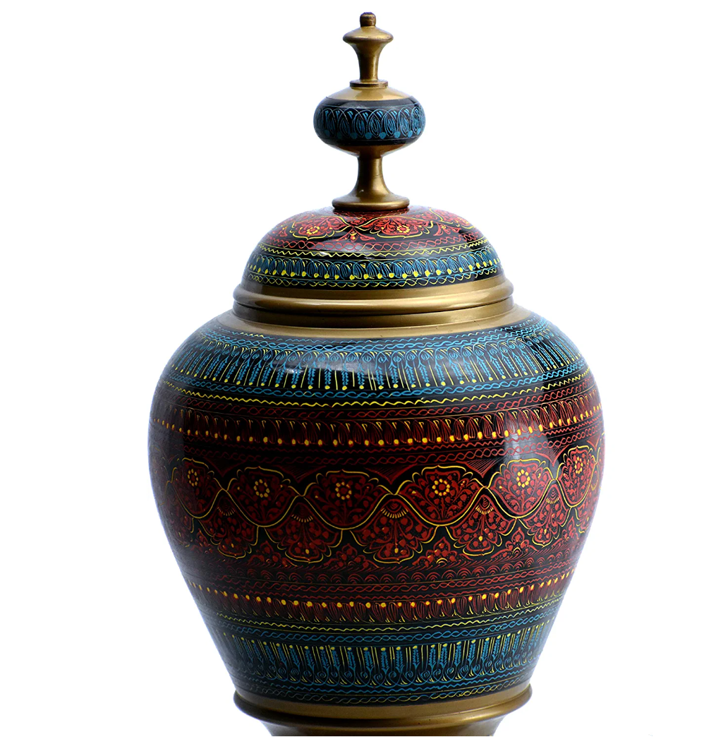 Large Laquer Art Vase with Lid - Red I Lauqer art Craft Decorative Accent I handpainted handcrafted I Sheesham Wood ( RoseWood) I Pakistani Artisan Design